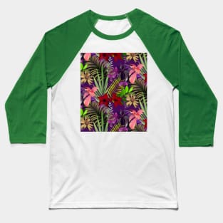 Elegant tropical flowers and leaves pattern purple illustration, pink tropical pattern over a Baseball T-Shirt